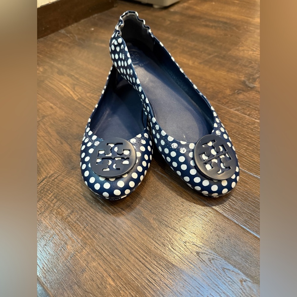 Tory Burch Navy and White Polka Dot Flats